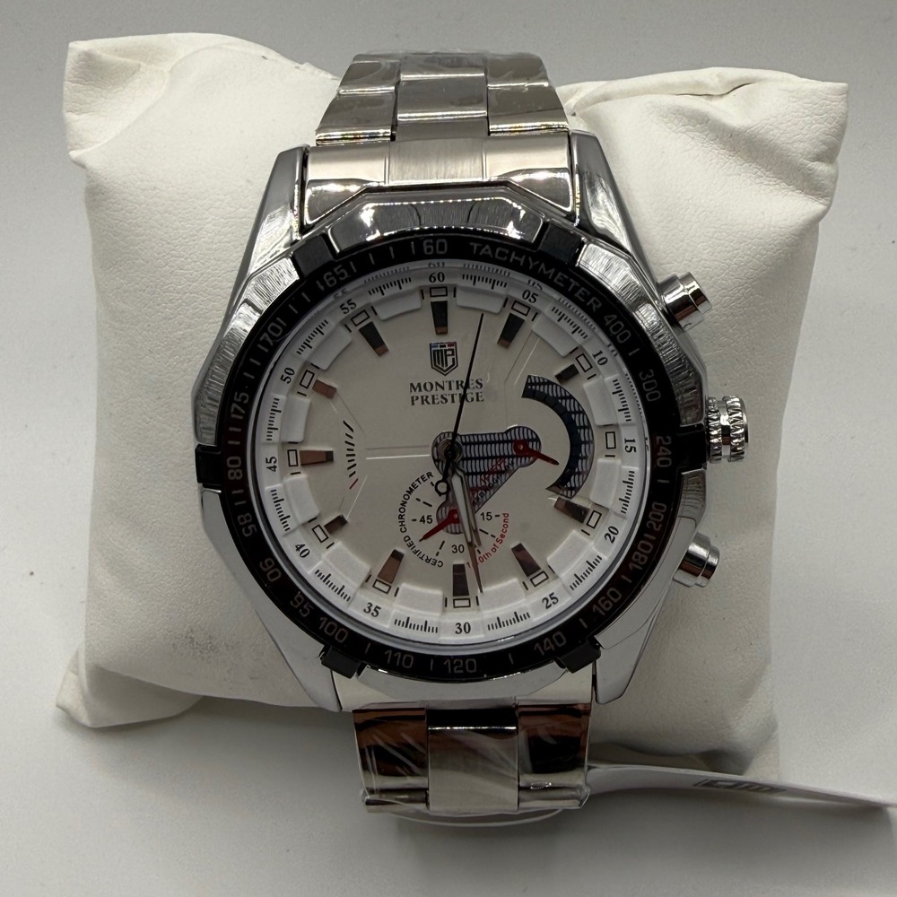 Montres Prestige Mens Chronograph Watch Silver White Tachymeter MPW-0097 NEW